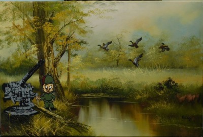 20thC School. Elmer Fudd Duck Shooting, acrylic over oil on canvas, signed Gailey, 61cm x 91cm.