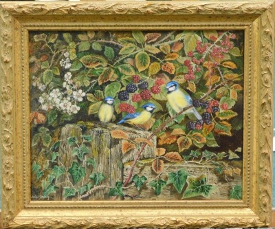 Brian Tovey (b.1943). Eurasian blue tits, oil on canvas, signed, 19.5cm x 24cm. - 2