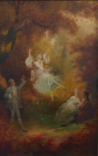 Continental School. Maiden on a swing, oil on board, 68cm x 42.5cm.