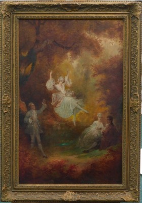 Continental School. Maiden on a swing, oil on board, 68cm x 42.5cm. - 2