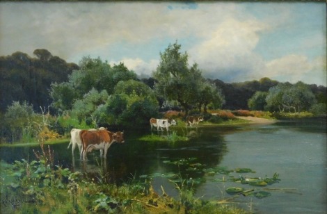 Arthur William Redgate (1860-1906). Cattle at waters edge, oil on canvas, signed, 34.5cm x 52cm.