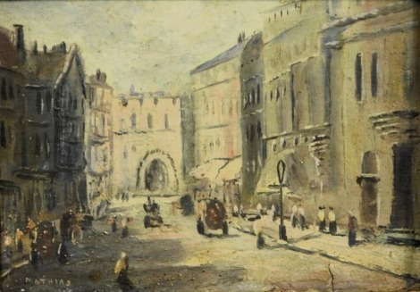 Mathias (19thC). Street scene, oil on card laid on board, signed, 18cm x 25cm.