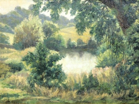 20thC British School. Landscape with lake, oil on board, monogramed and dated 1931, 29cm x 39.5cm.