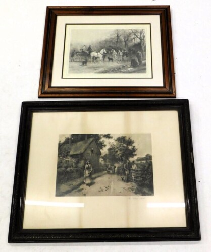 After R.B. Davis. The Shooting Party, monochrome print, 35cm x 48cm, and another The Village Belle. (2)