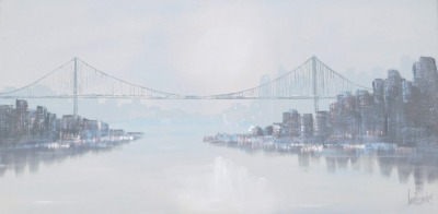 Lee Reynolds (1936-2017). Verrazano Narrows Bridge, Staten Island New York State, oil on canvas, signed and titled verso, 74.5cm x 151cm.