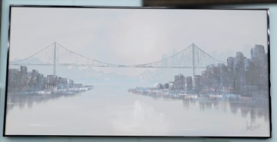 Lee Reynolds (1936-2017). Verrazano Narrows Bridge, Staten Island New York State, oil on canvas, signed and titled verso, 74.5cm x 151cm. - 2