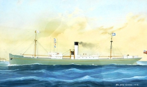 Early 20thC English School. The Merchant Steam Ship Sea Glory, launched 1919, gouache, dated 1919, 36cm x 60cm. Historian's note The SS Sea Glory was sunk by a German U-Boat on 7th July 1940.