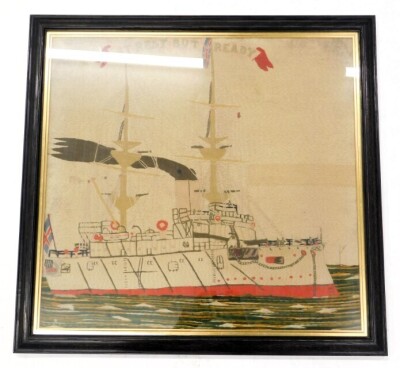 A WW1 period wool needlework. A British Dreadnought battleship "At rest but ready", 53cm x 56cm. - 2