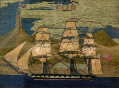 A 19thC wool needlework. HMS 'Clio' Cleopatra, with canvas sails, possibly from ships sails, 20cm x 27cm.