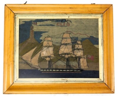 A 19thC wool needlework. HMS 'Clio' Cleopatra, with canvas sails, possibly from ships sails, 20cm x 27cm. - 2