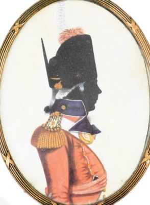 A military miniature of an infantry officer. Coloured lithograph, 9.5cm x 7cm (oval), in gilt metal frame.