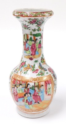 A 19thC Qing dynasty Chinese porcelain bottle vase, decorated in the Canton famille rose palette, with reserves of figures at court to the bulbous body, the neck with gourds, flowers and butterflies, 30cm high.