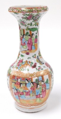 A 19thC Qing dynasty Chinese porcelain bottle vase, decorated in the Canton famille rose palette, with reserves of figures at court to the bulbous body, the neck with gourds, flowers and butterflies, 30cm high. - 3