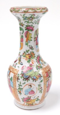 A 19thC Qing dynasty Chinese porcelain bottle vase, decorated in the Canton famille rose palette, with reserves of figures at court to the bulbous body, the neck with gourds, flowers and butterflies, 30cm high. - 4