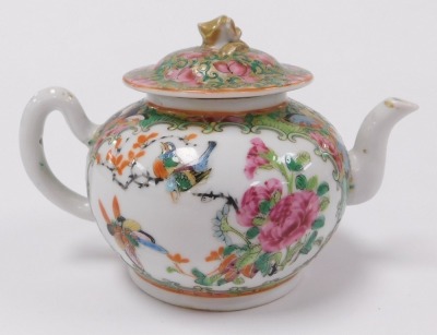 A 19thC Qing dynasty Chinese porcelain miniature teapot, in famille rose Canton style, with figures, birds and flora, the cover with gilt knop, 9cm high. - 3