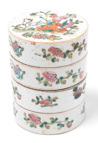 A 19thC Qing dynasty Chinese porcelain four section cylindrical artist's palette stack, decorated in famille rose enamels, 11cm high, 9cm diameter.