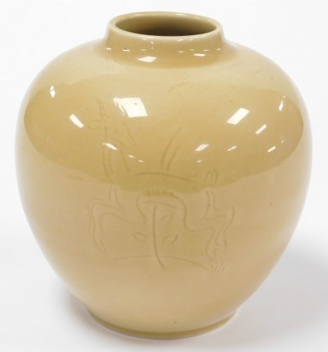 A 20thC Japanese ovoid vase, sgraffito decorated with deer, 16cm high.