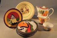 A Clarice Cliff transfer printed child's dish and other pieces