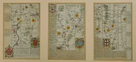 Late 18th/early 19thC School. Three double-sided hand coloured engravings depicting the road from King's Lynn to Harwich, the Road from London to Flamborough, and a map relating to Kingston upon Hull, Lincoln, King's Lynn, and the Deanery of Peterborough,