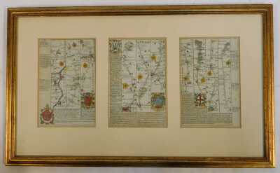 Late 18th/early 19thC School. Three double-sided hand coloured engravings depicting the road from King's Lynn to Harwich, the Road from London to Flamborough, and a map relating to Kingston upon Hull, Lincoln, King's Lynn, and the Deanery of Peterborough, - 2