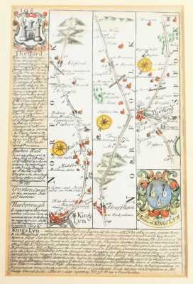 Late 18th/early 19thC School. Three double-sided hand coloured engravings depicting the road from King's Lynn to Harwich, the Road from London to Flamborough, and a map relating to Kingston upon Hull, Lincoln, King's Lynn, and the Deanery of Peterborough, - 3