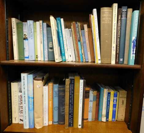 Various books relating to the Antarctic expeditions, etc., to include The Grouse in Health and in Disease, volume 1, Scott's Last Expedition, Lindsay (Martin) Sledge, etc. (2 shelves)