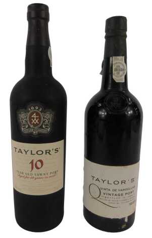 A bottle of Taylors Vintage Port, 1986, and a bottle of Taylors Ten Year Old Tawny Port. (2)