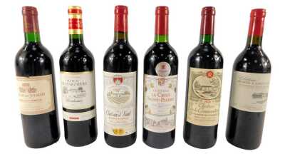 Six bottles of French Bordeaux, comprising Chateau des Joualles 1996, Chateau de Viaqut 2001, Chateau La Croix St Pierre 2014, Chateau de la Commanderie 2006, Chateau Chataigniere 2012, and Chateau Borie Lamouline 2006.