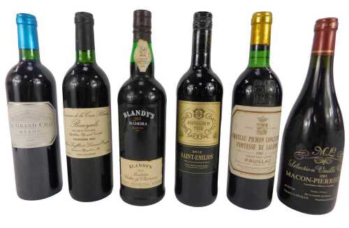 Six bottles of alcohol, comprising Le Grand Chi Medoc 2009, Domaine de la Casa Blanca 2001, Blandy's Duke of Clarence Madeira, Chevalier de Tour 2012, Chateau Pichon Longueville 1983, and Selection Vieille Vigne 1991.