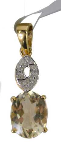 A citrine and diamond set pendant, in a yellow metal frame, stamped 10kt, 2cm high, 1.7g all in.