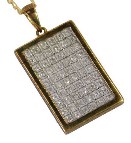 A 9ct gold pendant and chain, the rectangular pendant pave set with cz stones, 2cm high, on a flattened curb neck chain, 50cm long, 4.7g all in.