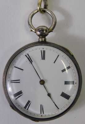 A 19thC silver pocket watch, with a white enamel Roman numeric dial, key wind, and movement numbered 669806, Chester 1878, on a silver curb link watch chain with T bar, 93.4g all in. - 3