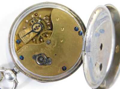 A 19thC silver pocket watch, with a white enamel Roman numeric dial, key wind, and movement numbered 669806, Chester 1878, on a silver curb link watch chain with T bar, 93.4g all in. - 4