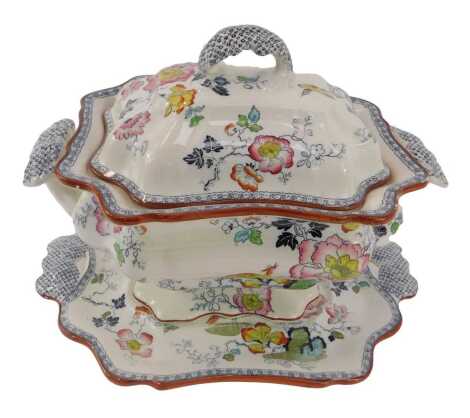 An Ashworth Bros ironstone twin-handled soup tureen, cover and stand decorated in the Hanley pattern, 24cm high.