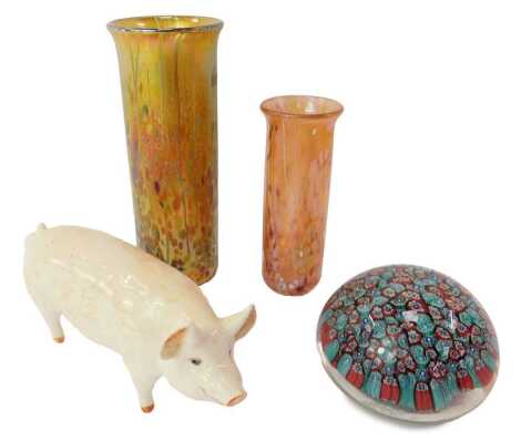 A Beswick pottery figure modelled as Wall Champion Boy, printed marks, 7cm high, a millefiori glass paperweight, with star and flower head cane decoration, in turquoise and red, 10cm diameter, and two Isle of Wight style iridescent cylindrical glass vases