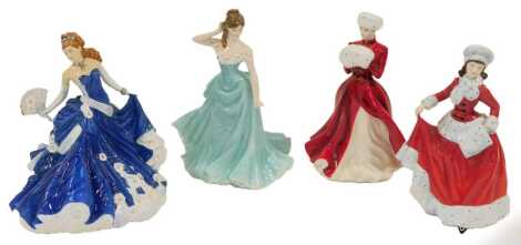 The English Ladies Company porcelain figure, modelled as Midnight Romance, by Valerie Annand, 22cm high, together with a Coalport figure modelled as With this Ring, a Royal Doulton Pretty Ladies figure modelled as Winter, and a Winter's Morn, limited edit