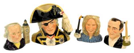 Four Royal Doulton character jugs, modelled as Vice Admiral Lord Nelson, D6932, with a certificate of authenticity, John Doulton, Rick Parfitt, limited edition No 1820/2500, boxed, and Francis Rossi, limited edition number 1904/2500, boxed.