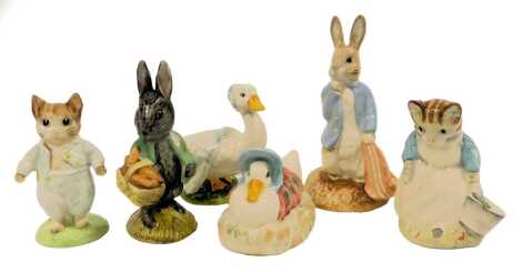 Six Royal Albert Beatrix Potter pottery figures, modelled as Jemima Puddle-Duck Made a Feather Nest, Peter and the Red Pocket Handkerchief, Tom Kitten, Little Black Rabbit, Rebeccah Puddle-Duck, and Ribby and the Patty-Pan.