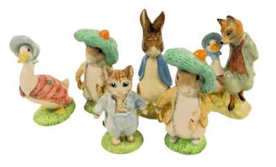 Six Beswick Beatrix Potter pottery figures, modelled as Benjamin Bunny, Tom Kitten, Benjamin Bunny, Jemima Puddle-Duck, Sweet Peter Rabbit, and Jemima Puddle-Duck with Whiskered Gentleman, boxed.