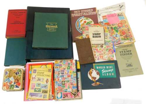 Various stamps, cigarette cards, etc., to include a Strand stamp album containing GB commemorative and world stamps for Canada, France, Finland, Egypt, loose stamps, various books relating to stamp collecting, cigarette and tea cards to include Brooke Bon