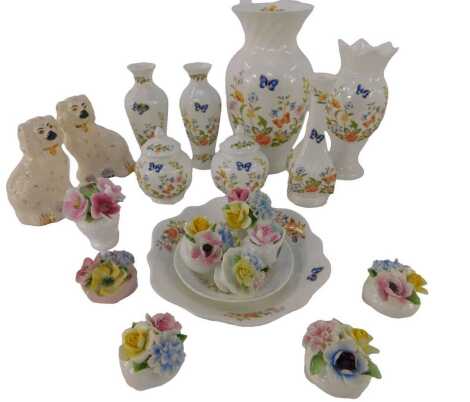 A group of collector's china, to include Aynsley Cottage Garden wares, vases, jars and covers, pair of Royal Doulton pottery Spaniel figures, 12.5cm high, Royal Doulton floral porcelain posies, etc. (a quantity)