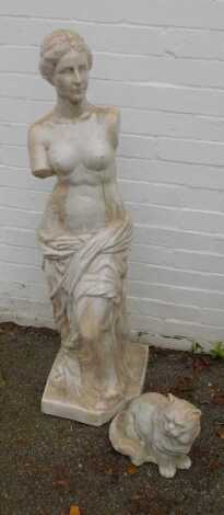 A pottery garden statue, modelled as a classical female figure, scantily clad, 115cm high, together with a pottery garden figure modelled as a cat, 30cm high.