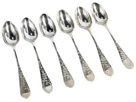 A set of six Edward VII silver teaspoons, with engine foliate decoration, maker FH, Sheffield 1907, 2.32oz.