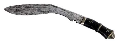 An Eastern machete, with a carved ebony handle, inset with steel, on a curved plain blade, 40cm wide.