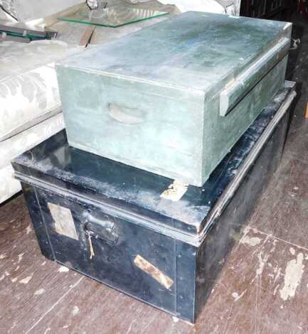 A black painted tin trunk, 35cm high, together with a painted wooden box.