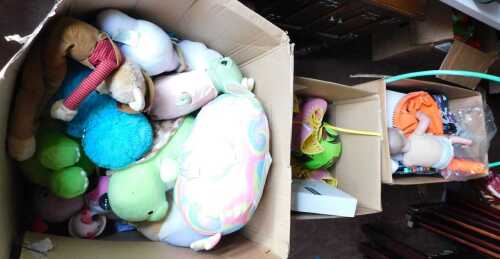 Various soft toys, together with a pair of roller skates, cosmetic storage box, Playdoh set, a hoola-hoop, etc. (3 boxes)