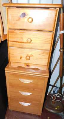 A pine three drawer bedside chest, and another. (2)