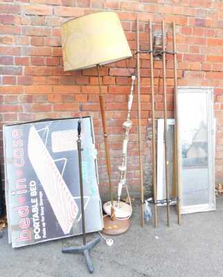 Various standard lamps, together with a rectangular wall mirror, hanging clothes drying rack, a Bed-in-Case portable bed, 1930;s microphone stand, etc. (a quantity)WARNING! This lot contains untested or unsafe electrical items. It is supplied for scrap or