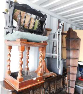 A group of furniture, including an oak three-tier folding cake stand, magazine rack, footstool, jardiniere stand, etc. (a quantity) 
The upholstery in this lot does not comply with the 1988 (Fire & Fire Furnishing) Regulations, unless sold to a known expo