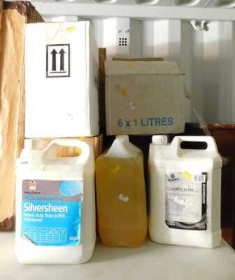 Various solvents and other liquids, including Staples Cockpit Cleaner, Beldon Floor Care Silver Sheen Floor Polish, Staples Anti Static Cleaner, etc. (a quantity)